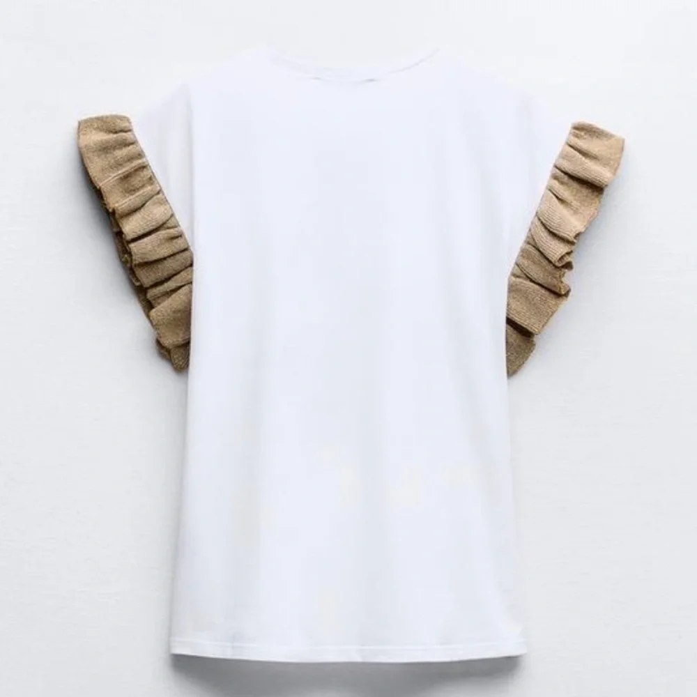 Zara White Cotton Blend Tee Gold Metallic Ruffle Sleeves Size S - Picture 2 of 8